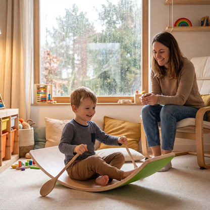 Planche d_equilibre en bois verte petit garcon assis maman qui le regarde joyeuse